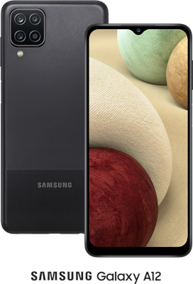 Black Samsung Galaxy A12 64GB with free Three Protection Super Bundle (Black) - Unlimited Data, £9.00 Upfront