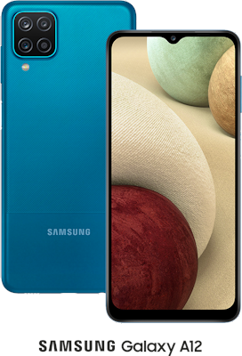 Blue Samsung Galaxy A12 64GB with free Three Protection Super Bundle (Black) - Unlimited Data, £9.00 Upfront