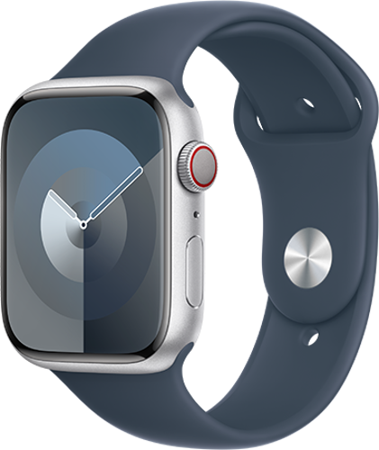 Apple Watch Series 9 45mm (GPS + Cellular) Silver Aluminium Case with Storm Blue Sport Band - S/M at Â£1 on Refresh Flex - Smartwatch Unlimited (24 Month contract) with Unlimited 4G data. Â£29.85 a month.
