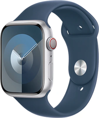 Apple Watch Series 9 45mm (GPS + Cellular) Silver Aluminium Case with Storm Blue Sport Band - S/M at £1 on Refresh Flex - Smartwatch Unlimited (12 Month contract) with Unlimited 4G data. £52.71 a month.