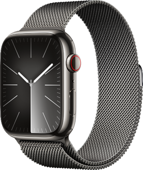 Apple Watch Series 9 45mm (GPS + Cellular) Graphite Stainless Steel Case with Graphite Milanese Loop at Â£1 on Refresh Flex - Smartwatch Unlimited (48 Month contract) with Unlimited 4G data. Â£23.63 a month.